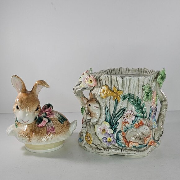 Vintage Fitz & Floyd Woodland Spring Bunny Rabbit Canister Jar *Chips* - Picture 6 of 9